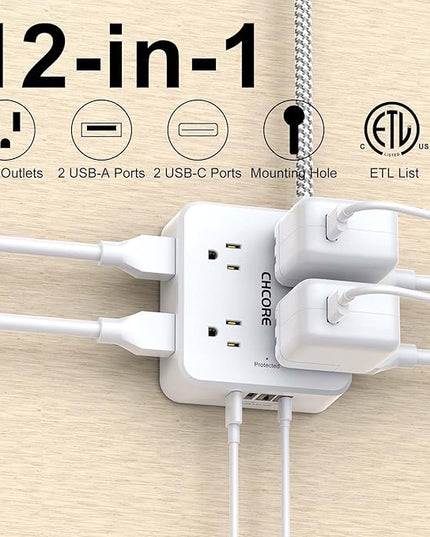 Surge Protector Power Strip - CHCORE 15Ft Braided Extension Cord with 8 Outlets with 4 USB (2 USB C) Charging Ports, Flat Plug Multi Plug Outlet Extender Charging Station for Home Office, ETL, White