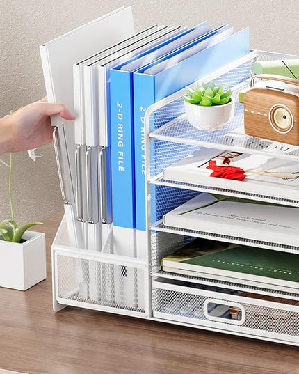 Marbrasse Desk Organiser with File Holder, 5-Tier Paper Letter Tray Organiser with Drawer and 2 Pen Holder, Mesh Desktop Organizer and Storage with Magazine Holder for Office Supplies(White)