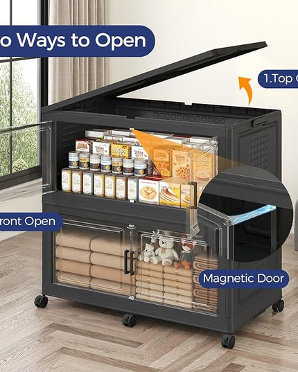 120Gal Stackable Storage Bins with Lid, 480Qt Extra Large Collapsible Storage Box with Wheels, Dividers, Folding Plastic Cabinet Closet Organizers for Home Kitchen Office Dorm, 3Pack Black