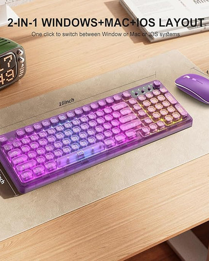 Purple Light Up Keyboard and Mouse Wireless,Cute 2.4Ghz Cordless Rechargeable Transparent Backlit Keyboard,15 Backlight Effects,Volume Knob,RGB Mouse with 3 DPI for Mac Computer PC Laptop Desktop iPad