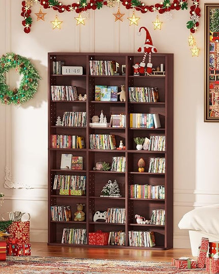 LELELINKY 8 Tier Tall Display Cabinet, Walnut Media Storage Cabinet with Adjustable Shelves, Free Standing DVD Organizer Shelf, Floor Multimedia Storage Manga Bookshelf for Living Room & Home Office.