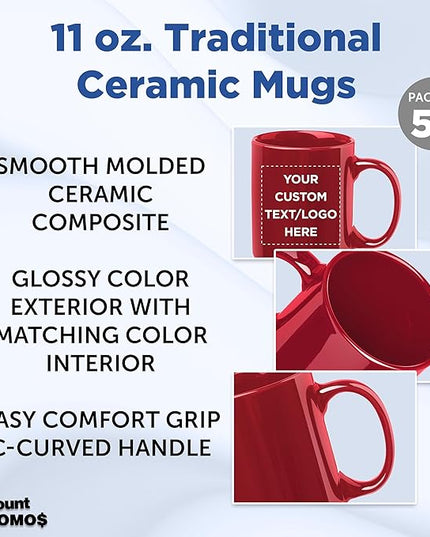 Custom Ceramic Coffee Mugs 11 oz. Set of 50, Personalized Bulk Pack - Coffee cup set, Iced coffee cup, Gaming mug - Red