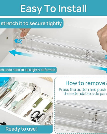 Vtopmart 8 Pack Shallow Drawer Dividers, 2.36" High 12.67"-21.14" Adjustable Expandable Kitchen Drawer Organizer, Clear Plastic Organizer Separators for Flatware, Utensil, Cutlery, Underwear, Clothes