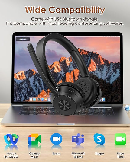 (Upgraded Version) Wireless Headset, Bluetooth Headset with Noise Cancelling Microphone, Best Headphones with Mic Mute & USB Dongle for PC/Computer/Laptop/Cell Phones/Remote Work/Call Center