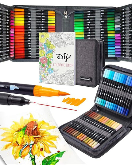 100 Colors Duo Tip Brush Markers Art Pen Set, Fine Brush Tip Colored Pens Set with Canvas Bag,Adult Coloring Books Drawing Sketching Calligraphy