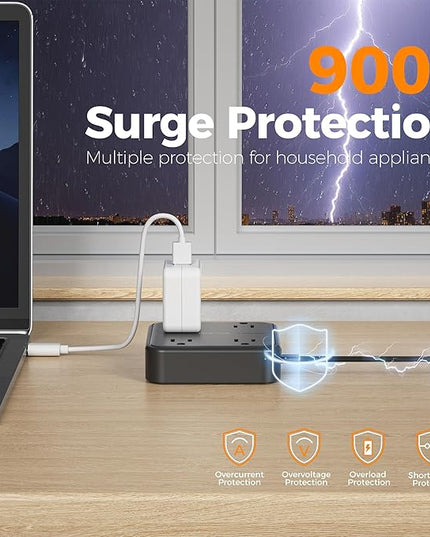Surge Protector Flat Extension Cord 15FT, TESSAN Flat Plug Power Strip with 4 Outlets 3 USB C Ports (1 USB C), 900 Joules Protection, Multiple Wall Outlet Extender Suitable for Home Office Dorm, Black