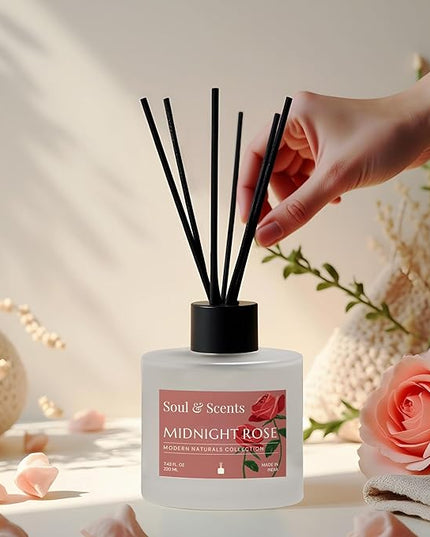 Soul & Scents Reed Diffuser Set – Midnight Rose | 7.43 oz Refillable Scented Oil with 6 Fiber Sticks | Long-Lasting Home Fragrance & Air Freshener for Bedroom, Bathroom, Office | Gift & Décor Piece
