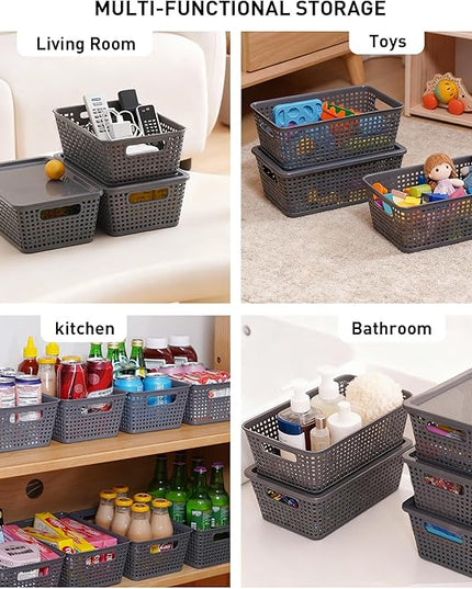 Plastic Storage Baskets With Lid, Storage Bins for Organizing, Stackable Decorative Containers for Shelves Drawers Desktop Closet Playroom Classroom Office, 6 Pack-Grey