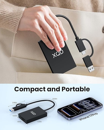USB 3.0 XQD+SD Card Reader, 2-in-1 USB A and Type C 5Gbps Memory Card Reader with 2 Slots XQD/SD Compatible with Sony G/M Series, Lexar Mark Cards, Sony G Series, for Windows/Mac OS/Linux, Black