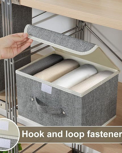 Storage Boxes, Collapsible Storage Bins with Lids, Cotton and linen cloth Storage Baskets with Handle, for Books, Closet, Bedroom, Home, Grey, 3 Pack 10.2 X 7.9 X 6.7in