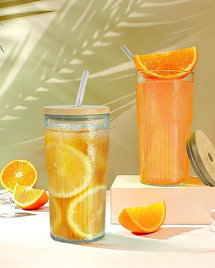Joeyan 24 oz Clear Glass Tumbler with Straw and Bamboo Lid,Ribbed Large Glasses Cups for Iced Tea Coffee Smoothie Water Juice Beverages Soda,Thickened Drinking Jar,Set of 2,Dishwasher Safe