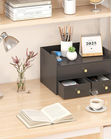 Bamboo Desk Organizer with Drawers Wooden Desktop Storage Drawers for Bills Office Supplies Kitchen Utensils Organizing Tool for Home Classroom Organization No Assembly (3 Drawers, Black)