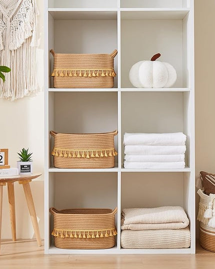 Storage Bins Woven Baskets for Storage Set of 3, Cotton Rope Basket with Handles for Toys/Shelves/Laundry, Rectangle Multi-Purpose Organizer for Living Room, Bedroom, Nursery (Brown)