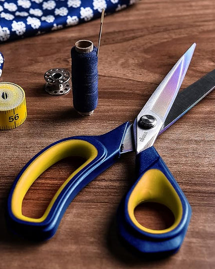 LIVINGO 2 Pack Sharp Fabric Scissors - Heavy Duty Scissors All Purpose, Titanium Coated Forged Sewing Shears for Tailor Dressmaking Crafting Cutting Clothes Leather, 8.5" & 9.5", Blue & Yellow