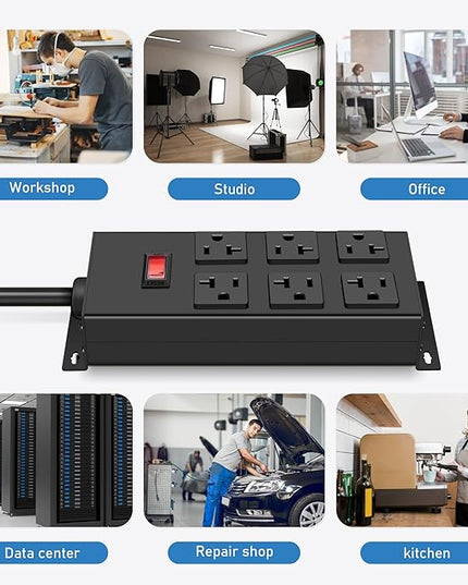 JUNNUJ 20 Amp Power Strip Heavy Duty 2 Pack, Garage 6 Outlets Metal 12 Gauge Surge Protector 3000J, High Amp 5-15P Adapter Shop 6-20R T-Slot Industrial (6AC 2-Pack, 10FT)