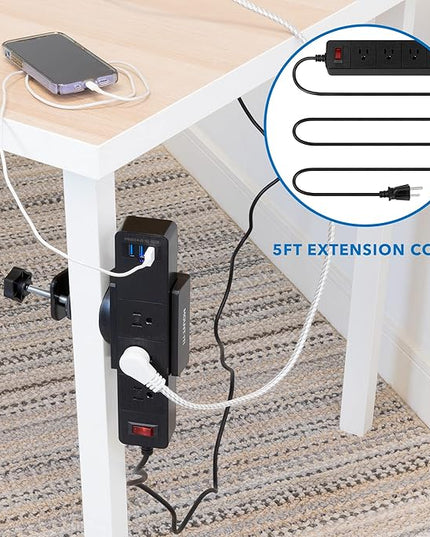 Mount-It! Power Strip Holder Clamp Desk Mount with Included Surge Protector | Black Desktop Power Outlet with 3 USB Ports and 3 AC Power Outlets | Adjustable Power Strip Clamp Mount