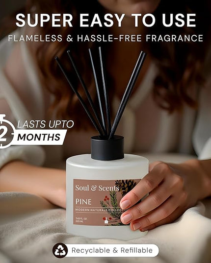 Soul & Scents Reed Diffuser Set – Pine | 7.43 oz Refillable Scented Oil with 6 Fiber Sticks | Long-Lasting Home Fragrance & Air Freshener for Bedroom, Bathroom, Office | Gift & Décor Piece