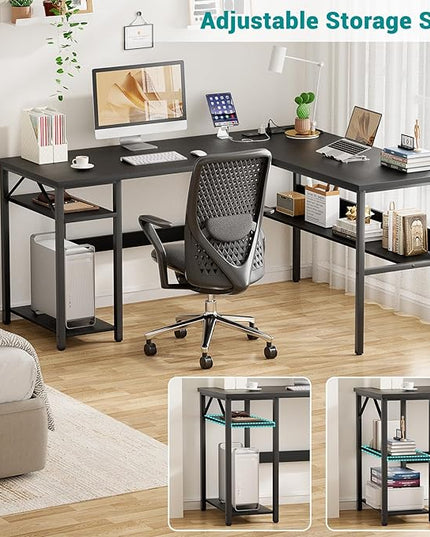 Reversible L Shaped Computer Desk with Power Outlets and USB Charging Ports, Sturdy Corner Desk with Storage Shelf, Modern Work Gaming Table for Home Office, Easy to Assemble, Black