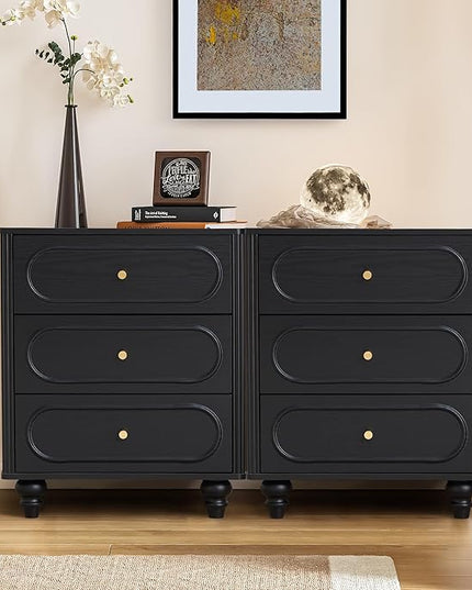 ORRD 3 Drawer Fluted Dresser for Bedroom Set of 2, Mid Century Modern Chest of Drawers, Wood Storage Small Dresser Organizer for Bedroom Living Room Hallway Closet, Black