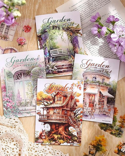 Knaid Scenery Sticker Set (490+ Pieces, 80 Sheets) 4 Pack Sticker Books Blooming Windows, Garden Houses, Enchanted Forest, Garden Fences Journaling Stickers for Scrapbook Bullet Junk Journals Planner