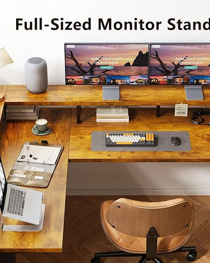 AODK Electric L Shaped Standing Desk, 59 Inch Height Adjustable Stand Up Desk with Power Outlets ＆ Full Monitor Stand, Reversible Corner Desk for Home Office ＆ Computer Workstation, Rustic Brown