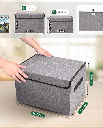 Large 42 Quarts Fabric Storage Bins with Lids [2-Pack] Linen Collapsible Foldable Storage Cubes, Closet Organizer Containers boxes with Handles for Home Office (16.7 x 12 x 12, Gray)