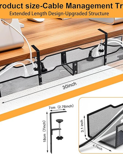 No Drill Under Desk Cable Management Tray, Extended-Length Metal Mesh Wire Organizer with Heavy Duty Clamp Mount for Home Office Standing Desk - Damage Free Cord Organization Solution