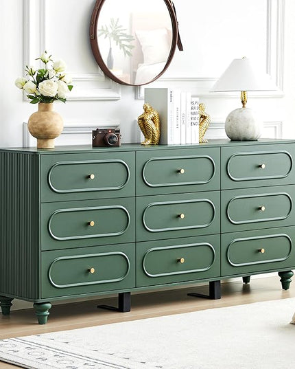 9 Drawer Fluted Dresser for Bedroom, Mid Century Modern Chest of Drawers, Wood Storage Small Dresser Organizer for Bedroom Living Room Hallway Closet, Green
