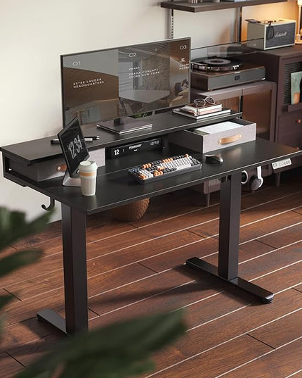 Claiks Electric Standing Desk with 2 Drawers, Adjustable Standing Desks with Storage, Height Adjustable Stand up Desk for Home Office with 2 Hooks,55 Inch Black