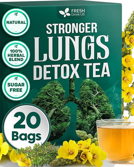 FreshDrinkUS StrongerLungs 20 Tea Bags - Mullein Leaf, Ginseng, Elderberry, Ginger & Thyme - Supports Lung Cleanse, Congestion Relief & Mucus Detox - Caffeine-Free & All-Natural