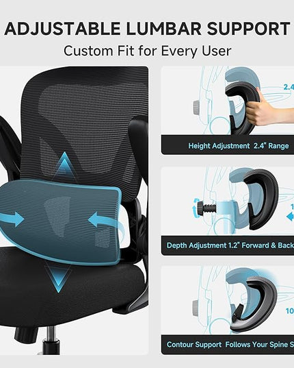 Ergonomic Office Chair, 330LBS Desk Chair with 3-Level Lumbar Support & Headrest, Breathable Mesh Backrest, Flip-Up Armrests for Home Office and Gaming, Black