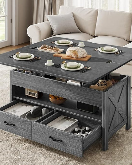 Marsail 40" Lift Top Coffee Table, 4 in 1 Coffee Table with Hidden Compartment, 1 Open Shelf and 2 Drawers, Multifunctional Farmhouse Center Table for Living Room and Home Office, Gray