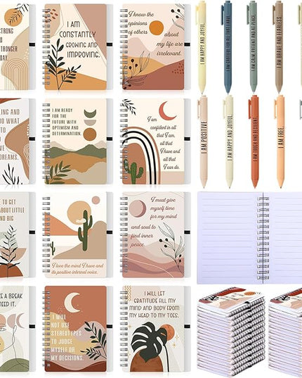 Kosiz 24 Pcs/12 Set Positive Affirmation Gifts Gratitude Spiral Notebooks with Pens Motivational Encouragement Notepads Daily Affirmations Journal for Women Valentine Galentine Gifts (Boho)
