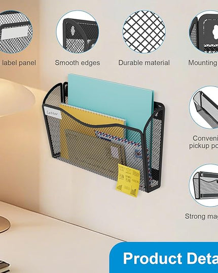 Magnetic Wall File Holder 3-Pack - Mesh Organizer with Strong Magnets for Office, Home & School - Space Saving Black Document Organizer