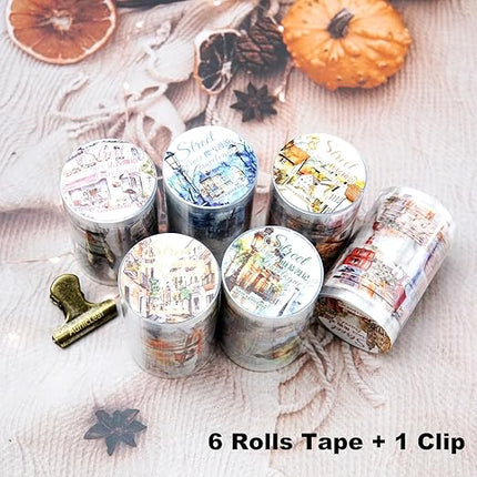AuriicLeaf Street Corner PET Tape Set, 6 Rolls Pre-Cut Vintage Cityscape Stickers for Journaling, Scrapbooking, DIY Crafts, Art Supplies
