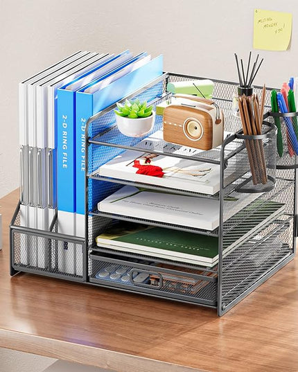 Marbrasse 5-Tier Paper Letter Tray Organizer with Drawer and Pen Holder, Mesh Desktop Organizer and Storage with Magazine Holder for Office Supplies (Grey)