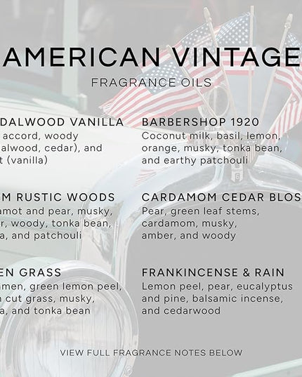 Eternal Essence Oils American Vintage Set of 6 Premium Fragrance Oils - Sandalwood Vanilla, Frankincense & Rain, Cardamom Cedar Blossom, Aspen Grass, Warm Rustic Woods, and Barbershop 1920-10ML