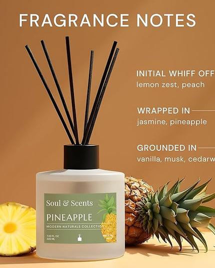 Soul & Scents Reed Diffuser Set – Pineapple | 7.43 oz Refillable Scented Oil with 6 Fiber Sticks | Long-Lasting Home Fragrance & Air Freshener for Bedroom, Bathroom, Office | Gift & Décor Piece