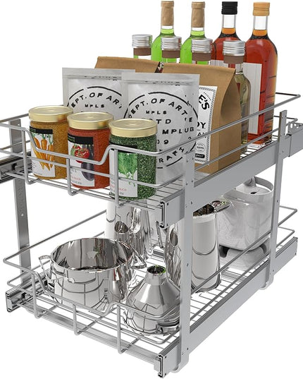 2 Tier Pull Out Cabinet Organizer 15" W X 22" D, Slide Out Drawers For Kitchen Cabinets, Pull Out Drawers For Cabinets Capacity Heavy Duty Caddy, Cabinet Pullout Shelves Chrome-Plated,Bathroom Pantry | Slide Out Drawers, For Kitchen Cabinets, Heavy Dut...