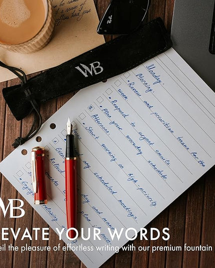 Wordsworth & Black Fountain Pen Set, 18K Gilded Medium Nib, Includes 24 Pack Ink Cartridges, Ink Refill Converter & Gift Pouch, Gold Finish, Calligraphy, [Crimson Red], Perfect for Men & Women