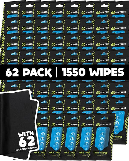 Fortress Electronic Wipes With Microfiber Cloth (25 ct, Pack of 62) To-Go Tech Wipes for Screens, Phones, Keyboards, TV Monitors, Computer Screens, and More [Travel Size] Skin-Safe