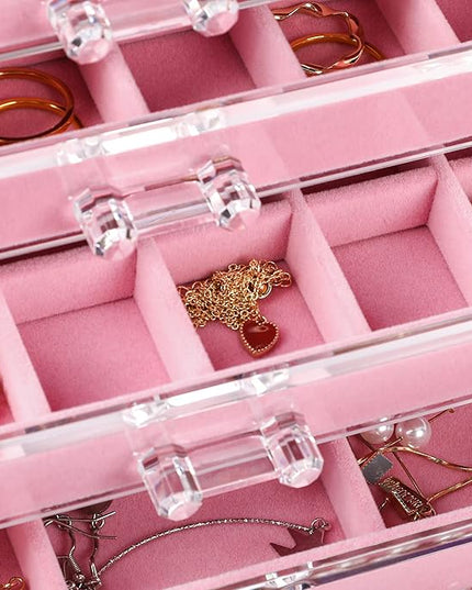 Frebeauty Acrylic Jewelry Organizer Earring Organizer Box with 5 Drawers Earring Holder Organizer with Velvet Trays Clear Jewelry Box for Women Earring Display for Rings StudsPink