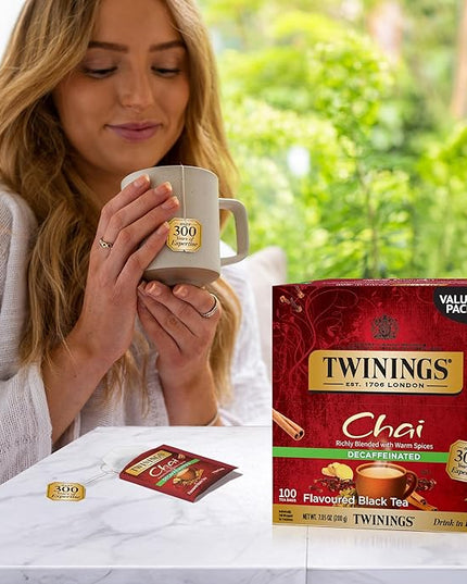 Twinings Decaffeinated Chai Individually Wrapped Bags, 100 Count (Pack of 1), Sweet, Savoury Spices, Enjoy Hot or Iced, 100 Teabags