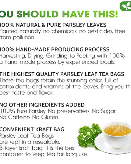 FreshDrinkUS, Premium 15 Parsley Leaf Tea Bags, 100% Natural & Pure from Parsley Leaves. Loose Leaf Parsley Herbal Tea. Made with Natural Material Tea Bags. No Sugar, No Caffeine, No Gluten, Vegan.