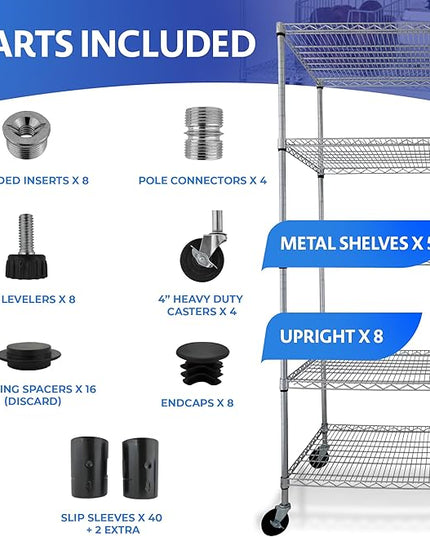 4000 LBS Heavy Duty Wire Rack 48 x 18 x 76, 5-Tier NSF Commercial Rolling Rack with Wheels, Chrome Metal Shelving Unit for Garage, Kitchen, Warehouse, Adjustable Storage Shelf, Crescent