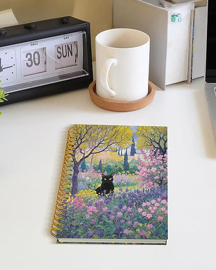 Garden Floral Black Cat Spiral Notebook, Black Cat Gifts Journal, Cats Lovers Mom Lady Gifts Journal Notebook, 5.5x8.3 Inch