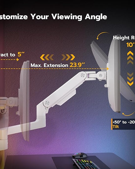 ARES WING Wall Mount Monitor Arm for 17-49 Inch Ultrawide Screens, Heavy Duty Single Monitor Mount Holds 44 lbs, Fully Adjustable Gas Spring Wall Mount, 75x75/100x100 VESA Mount, White