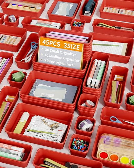 45 Pack Desk Drawer Organizer Tray, 3 Sizes Plastic Drawers Organizer Storage for Kitchen, Bathroom, Office, Vanity, Makeup, Utensils, Junk Drawer Organizer Bins, Gadget Trays for Organizing, Red