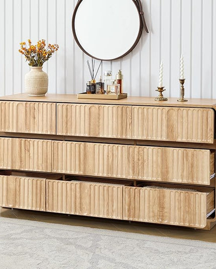 Fluted 9 Drawer Dresser for Bedroom, 60" Wide Modern Chest of Storage Drawers, Wood Dresser & Chest of Drawers with Curved Corners, Dressers TV Stand for Living Room (60" Natural 9 Drawer)