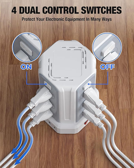 Power Strip Surge Protector, 10 Ft Extension Cord with 12 AC Multiple Outlets 4 USB (1 USB C), SMALLRT Power Tower Desktop Charging Station (White, 10 FT)